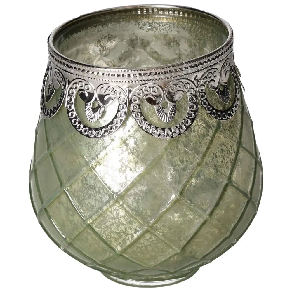 Elegant green glass lantern with intricate silver detailing, crafted by Sylvia Crystals, showcasing luxury and nature-inspired design.