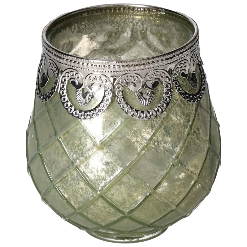 Elegant Green Glass Lantern with Silver Detailing by Sylvia Crystals, capturing luxury and nature's harmony.