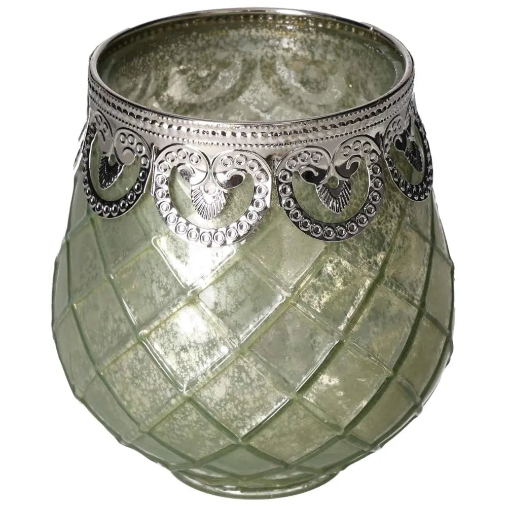 Green Glass Lantern by Sylvia Crystals with intricate silver detailing, exemplifying luxurious design and nature-inspired elegance.