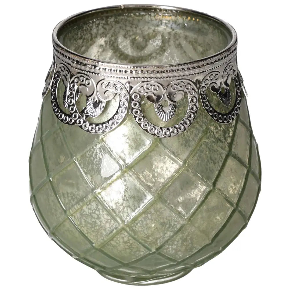 Green glass lantern by Sylvia Crystals with intricate silver detailing, reflecting luxury and nature-inspired elegance.