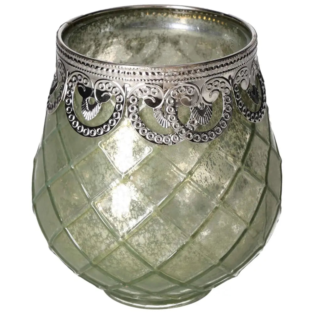 Exquisite green glass lantern with intricate metalwork, by Sylvia Crystals. Perfectly blends luxury with nature-inspired elegance.