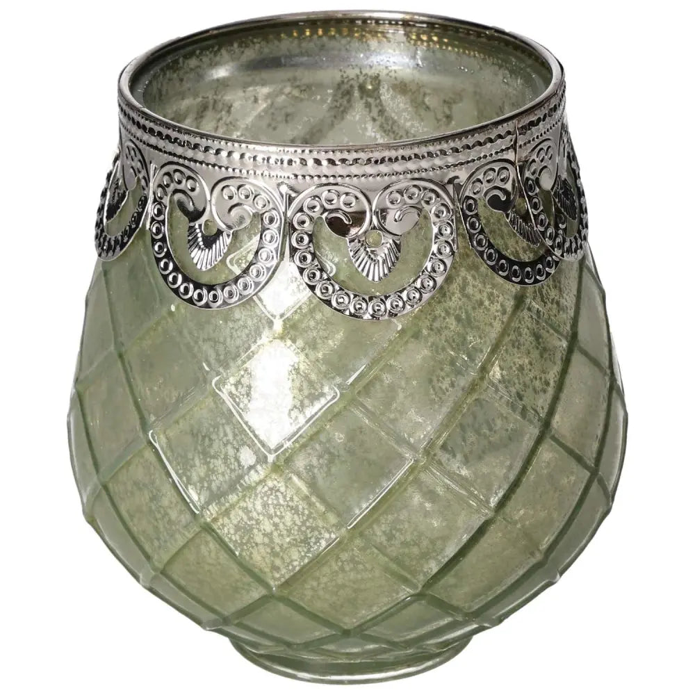 Elegant green glass lantern with intricate silver detailing, embodying luxury and nature's harmony by Sylvia Crystals.