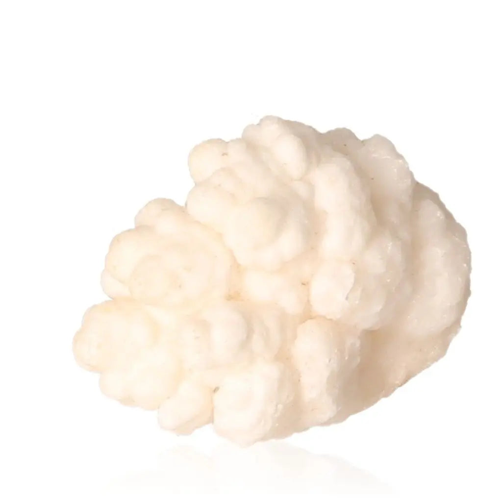 Ighoud Calcite Druze from Morocco with earthy tones and unique formation, known for grounding and spiritual growth properties.