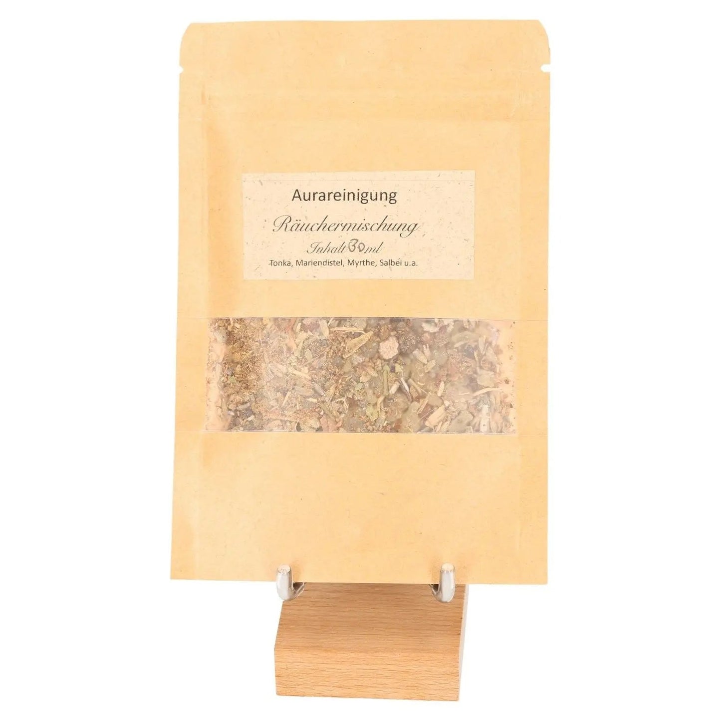 Incense Blend Aura Cleansing in eco-friendly packaging, perfect for meditation and energy balancing, displayed on a wooden stand.