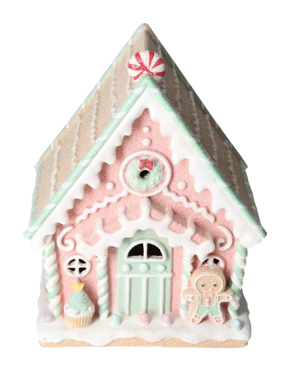 LED light gingerbread house with mint green and pastel pink accents. Features candy details and gingerbread figure for a festive touch.
