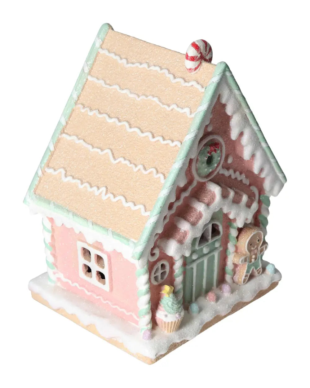 LED Light House Gingerbread made of Poly in pink, featuring intricate details and luxury craftsmanship by Sylvia Crystals.