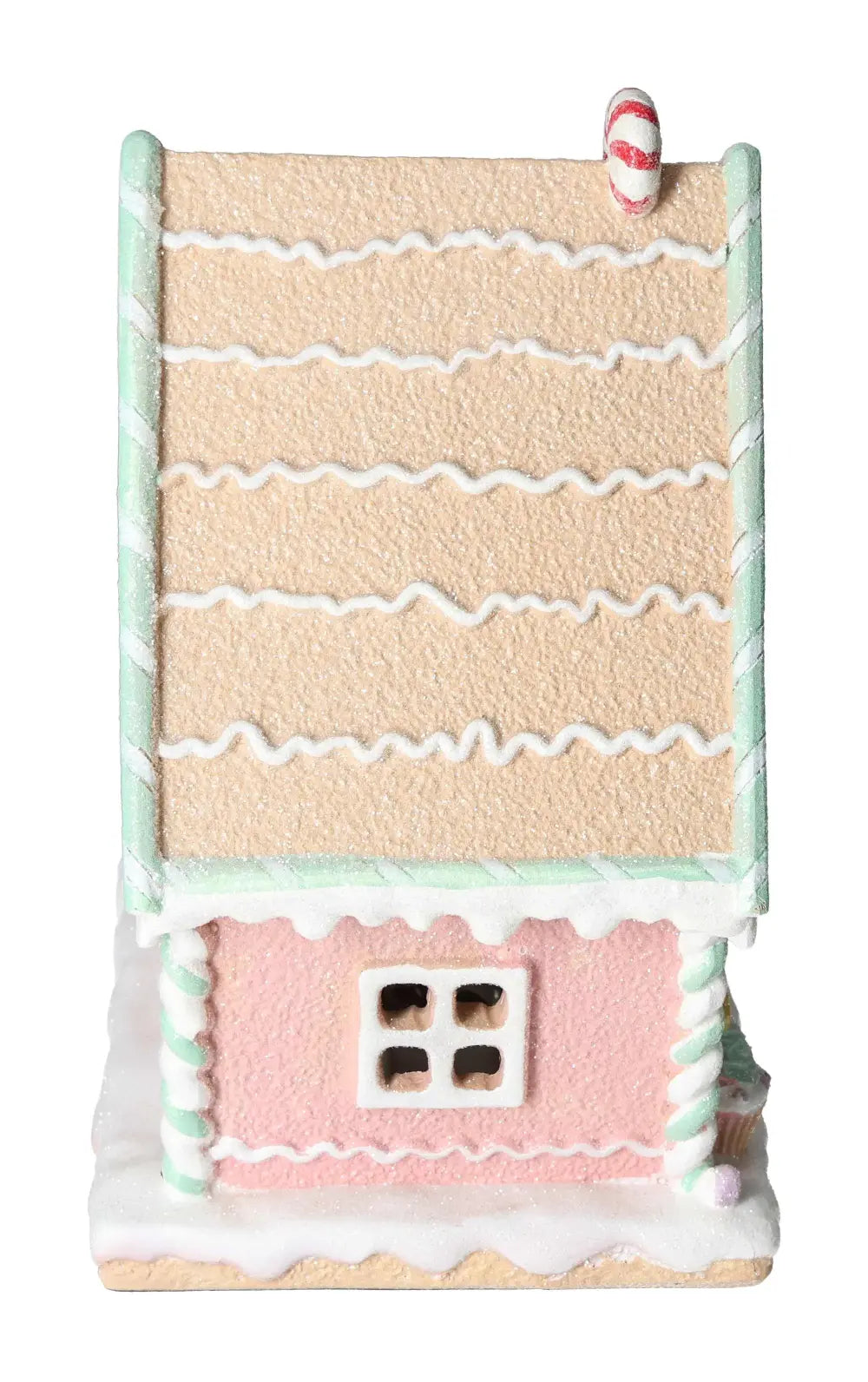 LED gingerbread house made of poly with intricate icing details, exemplifying luxury and elegance by Sylvia Crystals.
