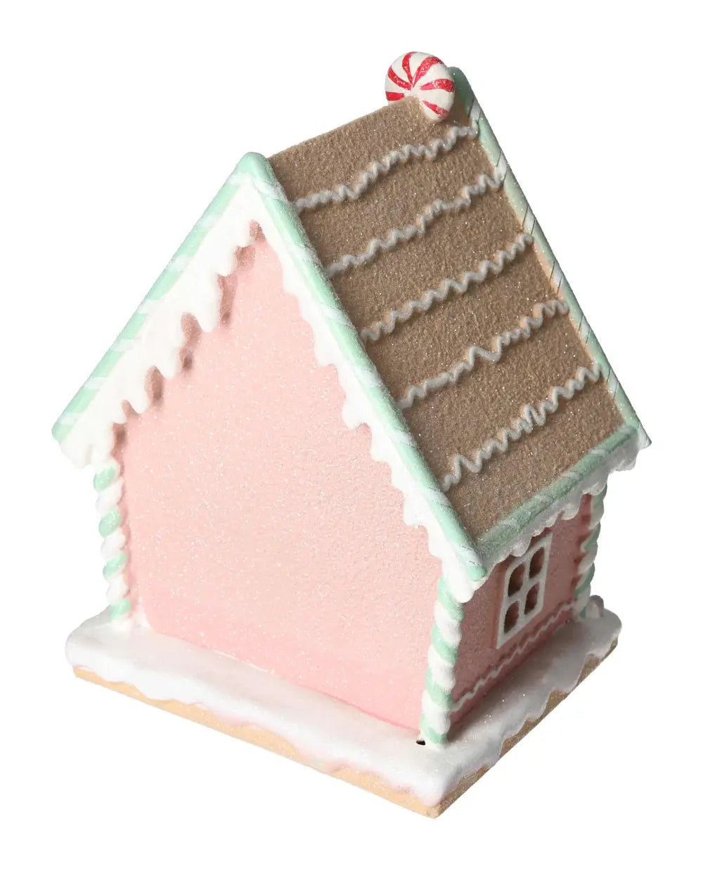 LED light house gingerbread crafted in poly with peppermint detail, combining tradition with elegance, by Sylvia Crystals.