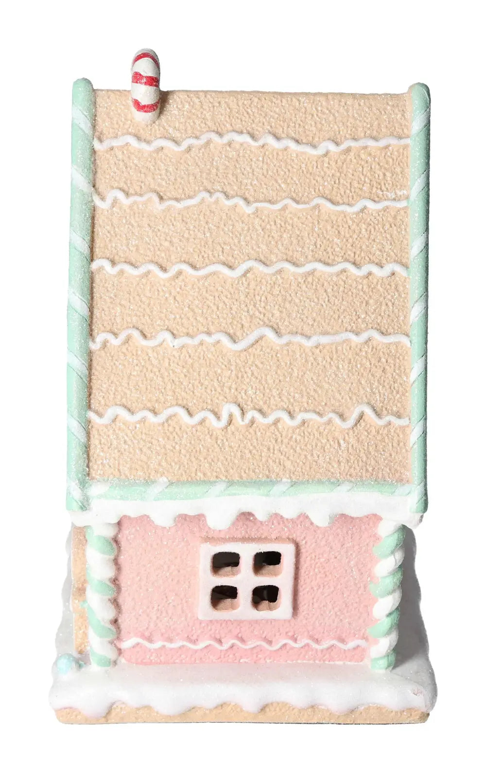 LED light-up poly gingerbread house with pastel colors and candy cane chimney, showcasing holiday elegance and traditional charm.
