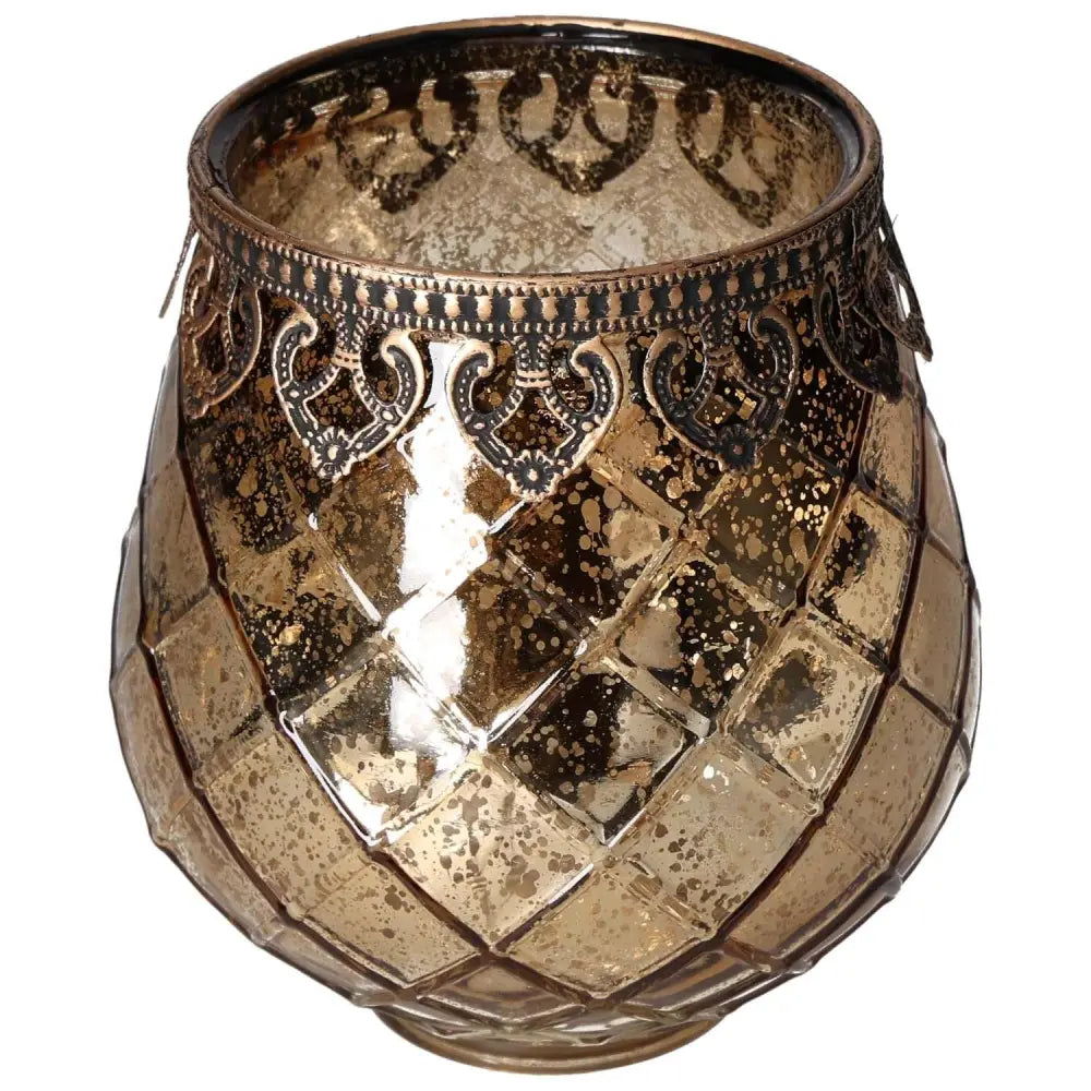 Elegant lantern with a decorative metal rim, featuring a blend of spirituality and modern design, perfect for indoor or outdoor ambiance.