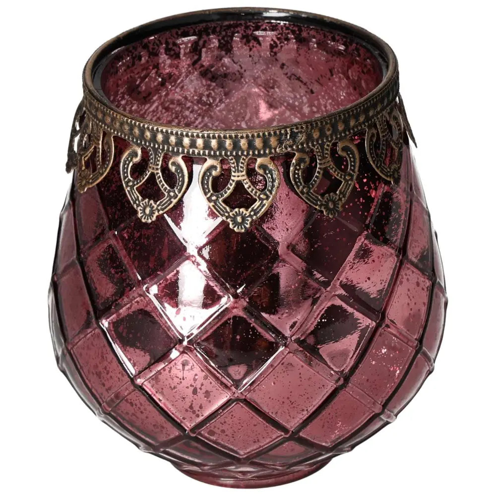 Luxurious purple crystal lantern with intricate metal rim, showcasing elegance and sophistication for conscious living.