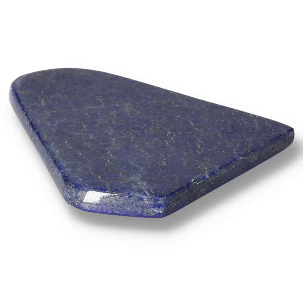 Polished Lapis Lazuli slab with deep blue color and golden pyrite flecks, ideal for décor or crystal collections.