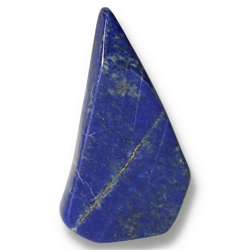 Lapis Lazuli Obelisk with deep blue hues and golden pyrite flecks, sourced from Pakistan, symbolizing wisdom and inner power.