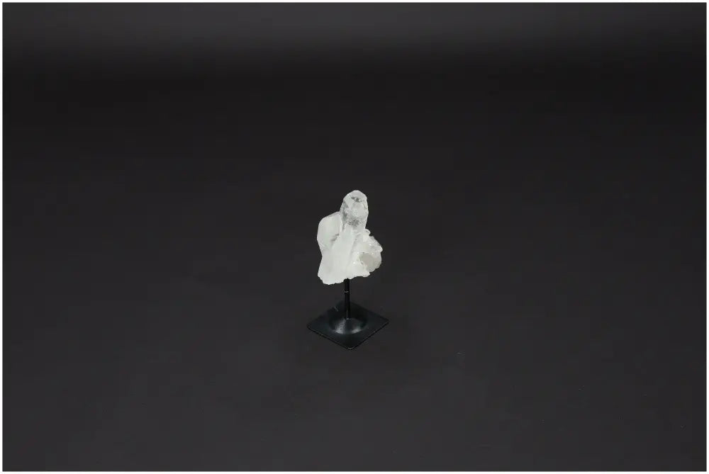 Lemurian Quartz on metal stand with black background, perfect for purification and neutralizing vibrations, ideal for everyday use.