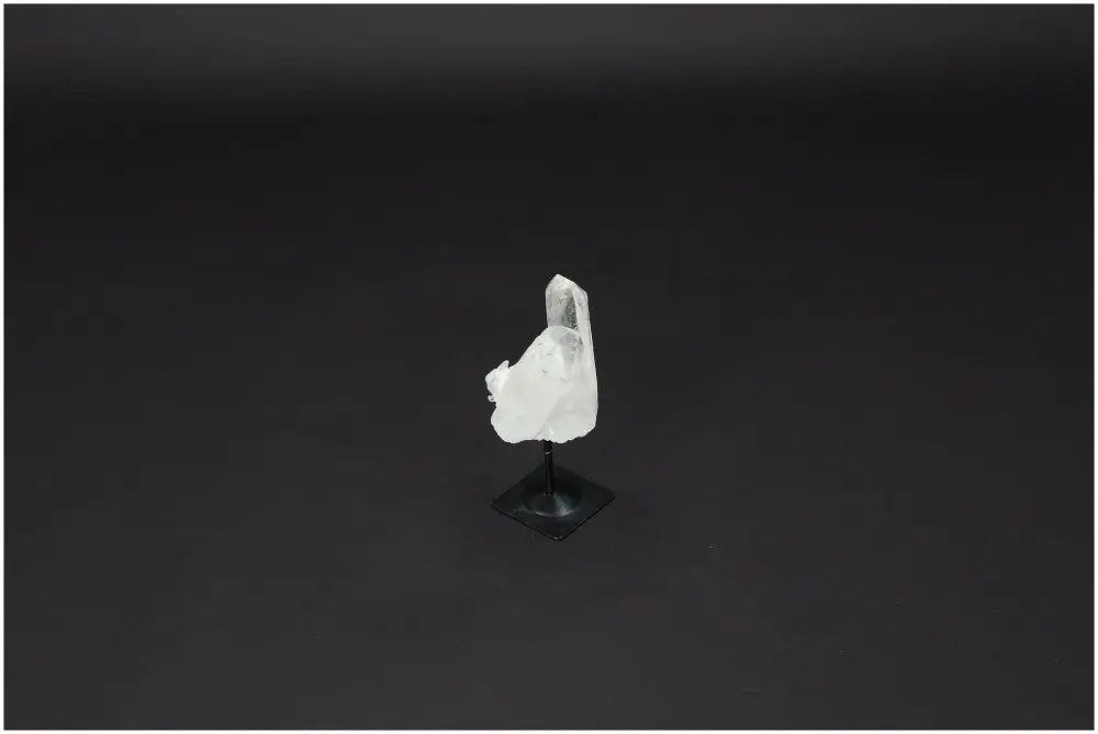 Lemurian Clear Quartz on Metal Stand for purification and energy harmonization on black background.