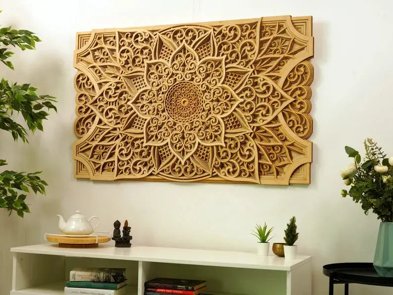 Wooden mandala wall art with intricate 3D design, enhancing room ambiance with tranquility and elegance. Perfect for bohemian decor.