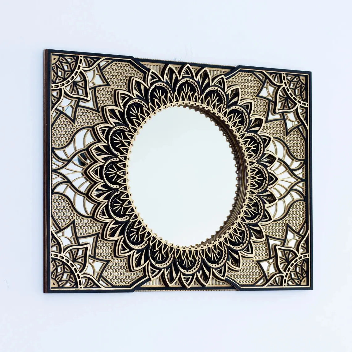 Wooden mandala wall decor with mirror, 78x58cm. 3D laser-cut design for spiritual harmony, enhancing warmth and tranquility in any space.