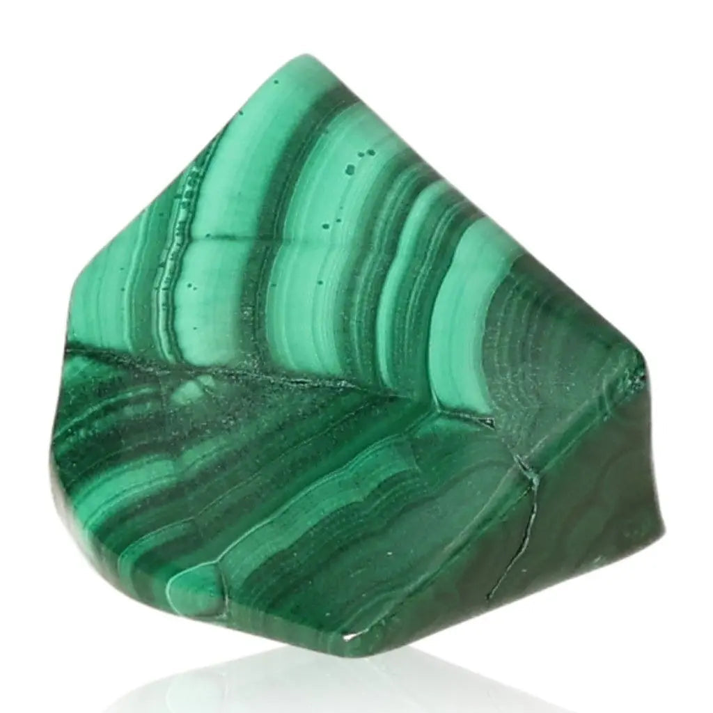 Vibrant green malachite stone, showcasing distinct band patterns, symbolizing tranquility and strength. Ideal for spiritual empowerment.