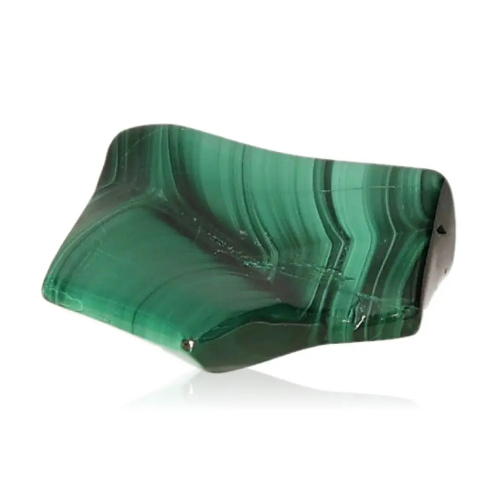 Polished malachite stone showcasing vibrant green bands for energy and positivity.