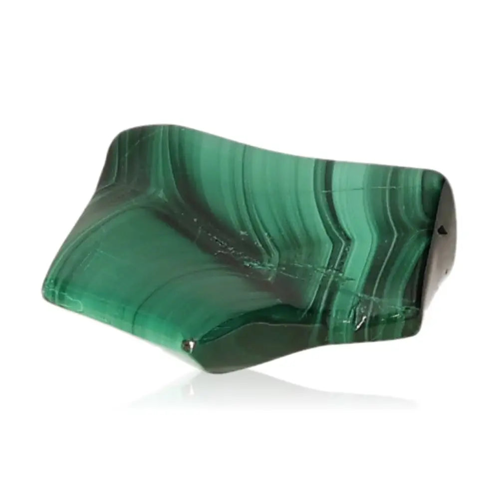 Polished malachite stone with rich green hues, symbolizing courage and hope, ideal for promoting positivity and harmony in life.