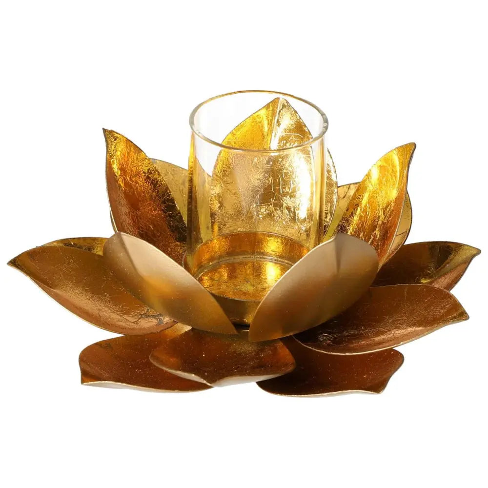 Golden metal lotus candle holder with intricate petal design, perfect for adding elegance and luxury to any space. Ideal for home decor.