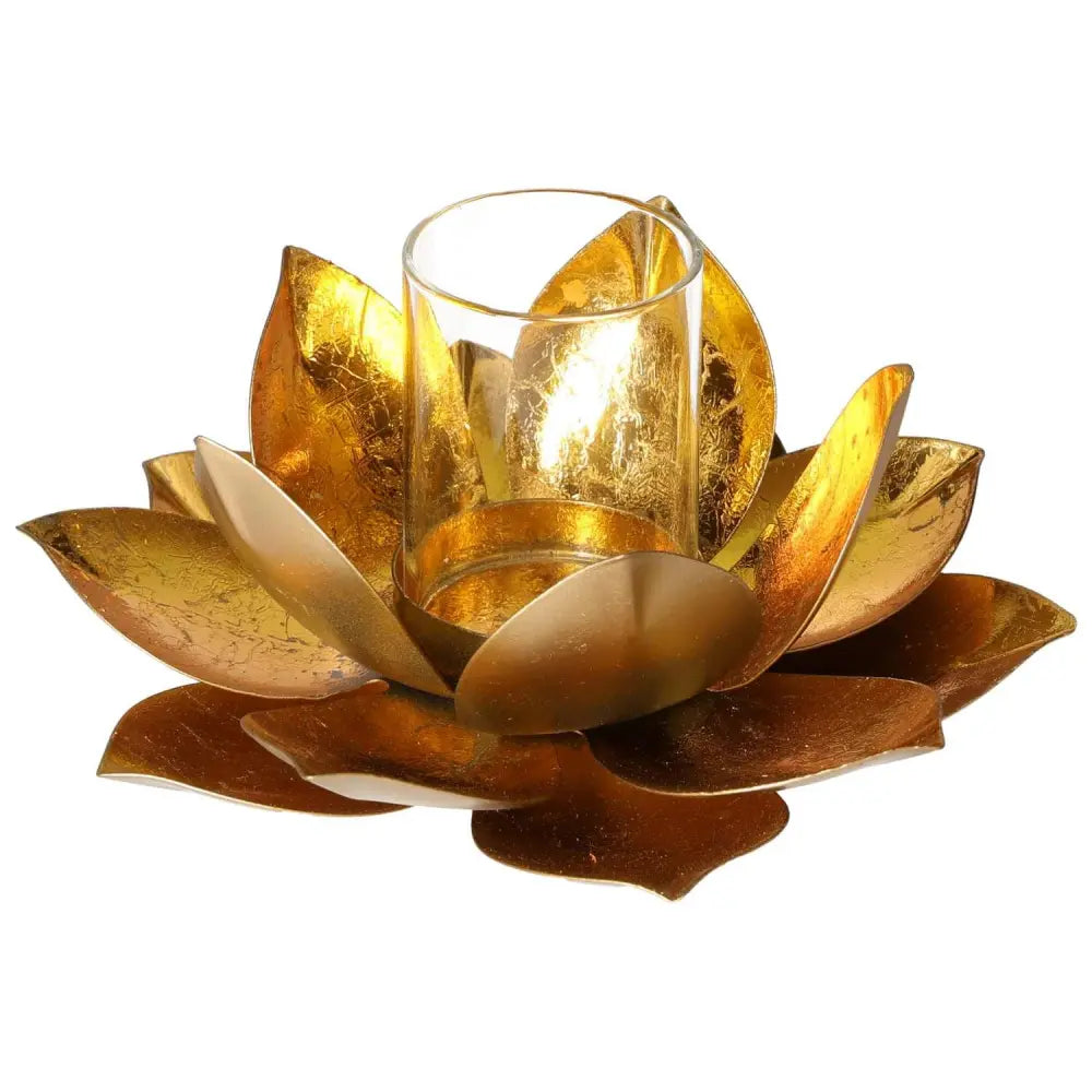 Gold metal lotus candle holder with elegant design, perfect for adding luxury and spirituality to any space.
