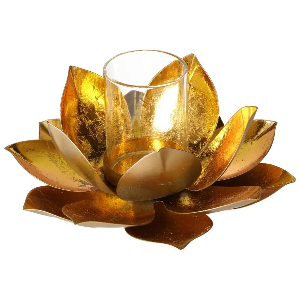Gold Metal Lotus Candle Holder with glass center, perfect for enhancing home decor and adding a touch of elegance to any space.