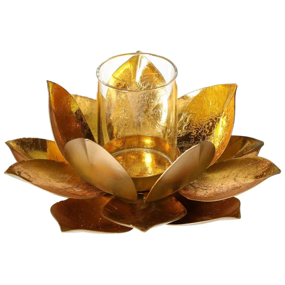 Golden Metal Lotus Candle Holder by Sylvia Crystals, featuring elegant craftsmanship and inspired lotus design for a luxurious ambiance.