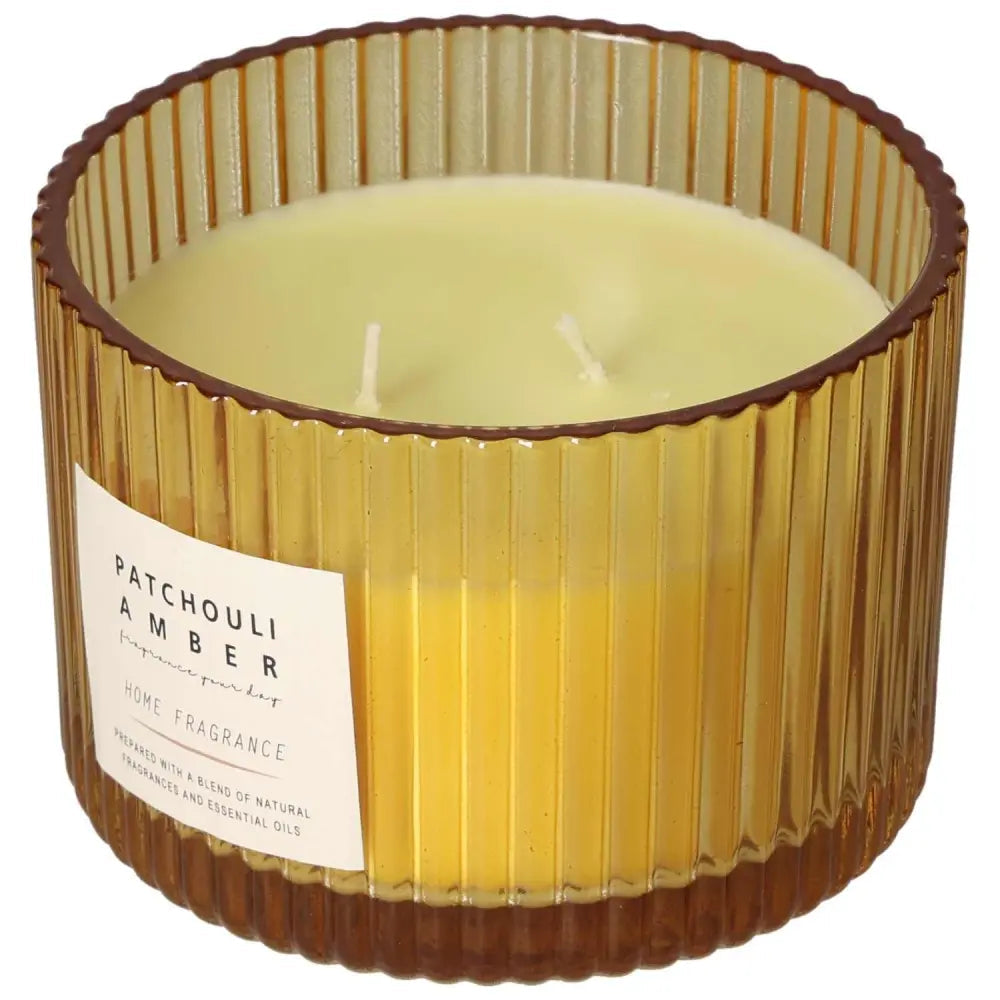 Patchouli Amber Scented Candle in glass jar with natural soy wax, offering eco-friendly burn, premium fragrance by Sylvia Crystals.