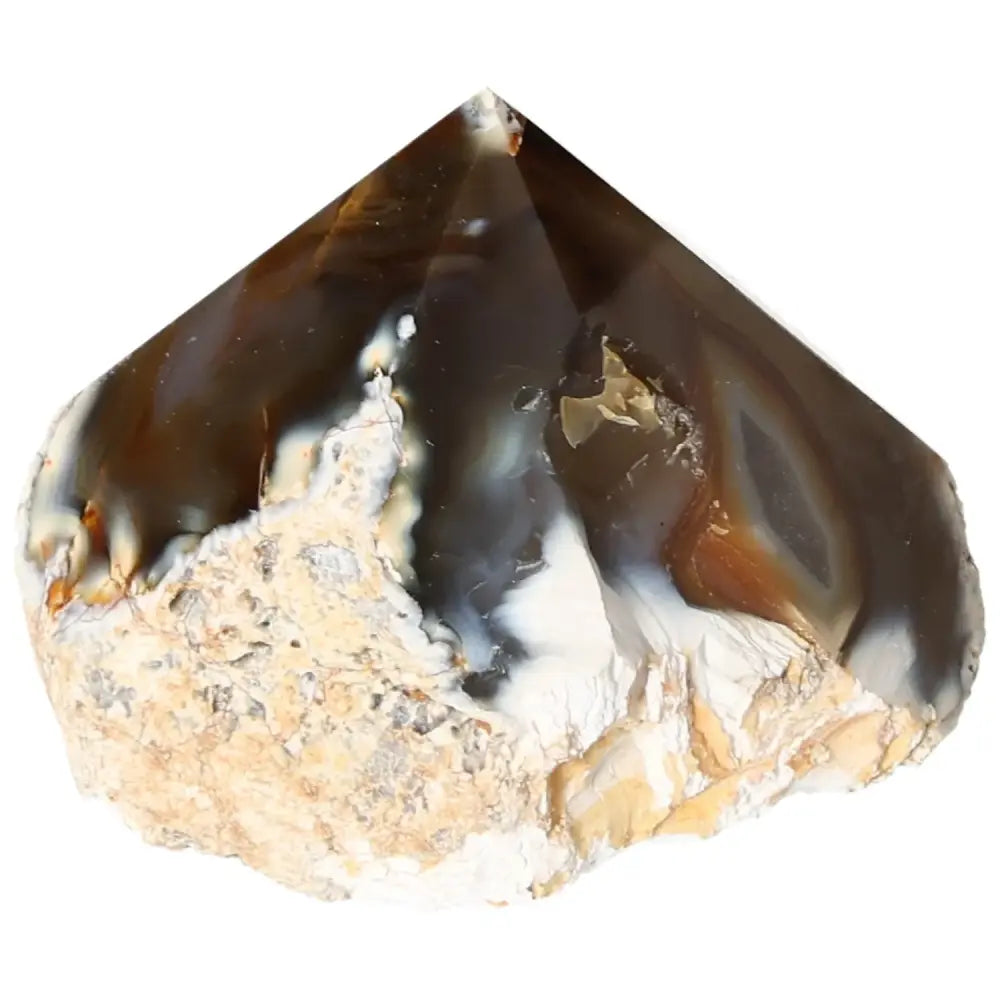 Polished agate point from Sylvia Crystals showcasing intricate natural patterns, ideal for enhancing tranquility and balance in any space.
