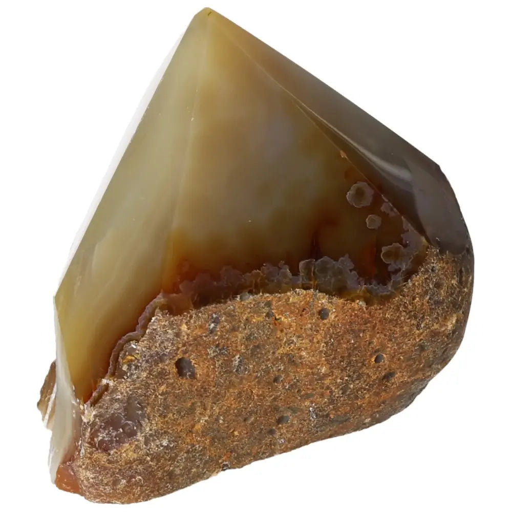 Polished Agate Point gemstone from Sylvia Crystals, showcasing its smooth, light-reflecting surface and natural beauty.