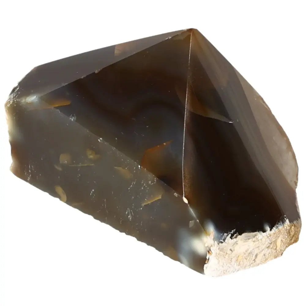 Polished Agate Point gemstone featuring rich patterns from Sylvia Crystals, perfect for energy harmonization and emotional stability.