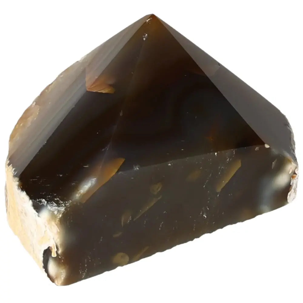 Polished Agate Point gemstone with dark brown tones, offering energy harmonization and emotional stability benefits. Sylvia Crystals.