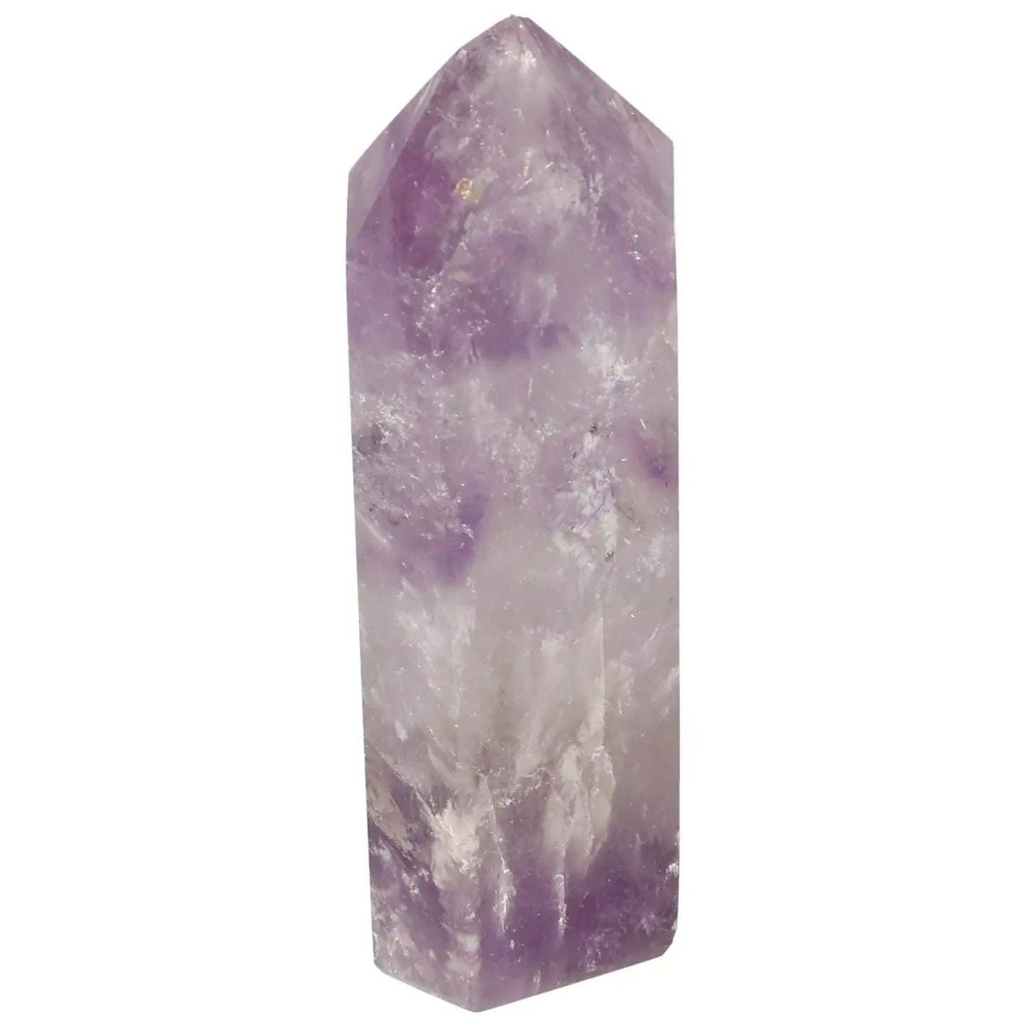 Polished Amethyst Obelisk crystal from Sylvia Crystals, showcasing a premium, handcrafted stone that enhances stress relief and energy.