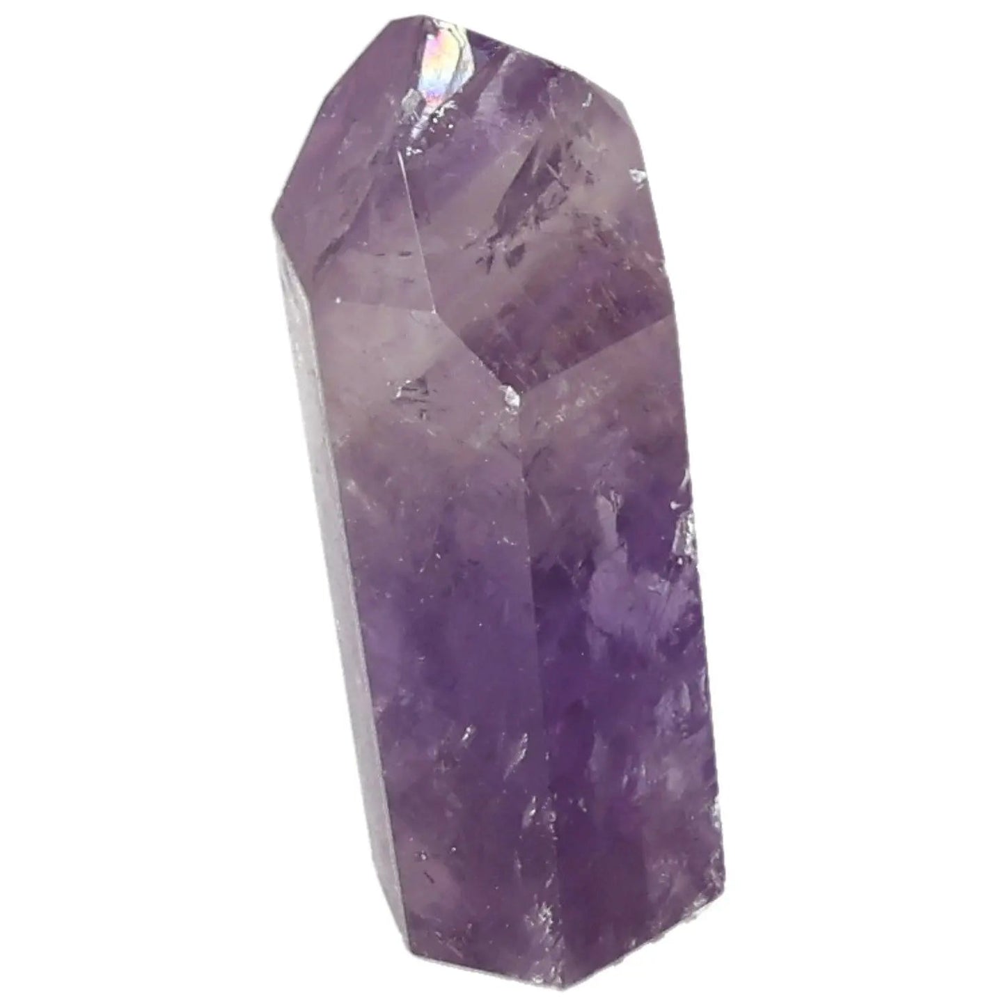 Polished Amethyst Obelisk by Sylvia Crystals, showcasing elegant purple hues and stress-reducing properties.