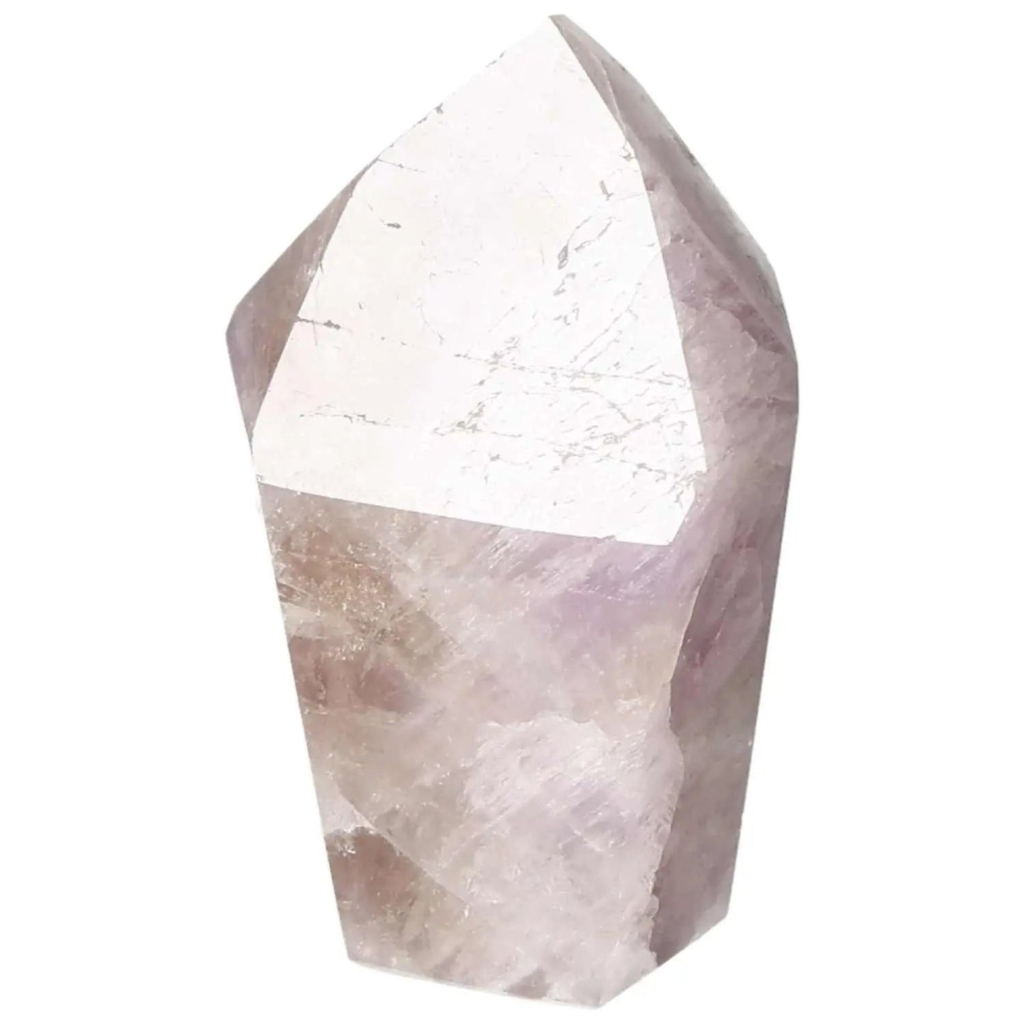Polished Amethyst Super Seven Point gemstone by Sylvia Crystals, featuring amethyst and seven minerals for stress relief and energy elevation.
