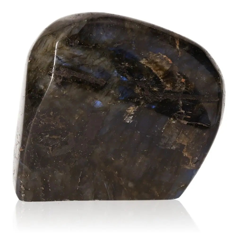 Polished cut base labradorite crystal by Sylvia Crystals, showcasing iridescent flashes and natural elegance.
