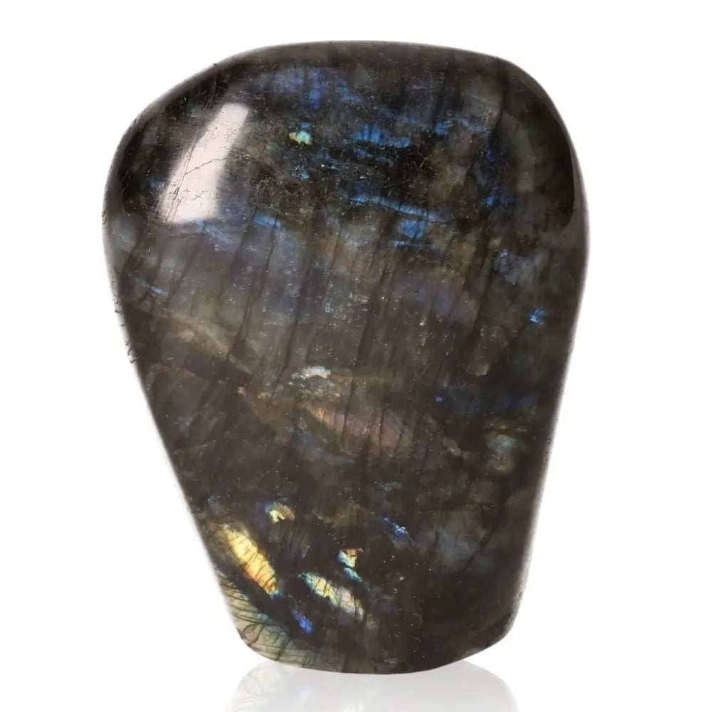 Polished Cut Base Labradorite by Sylvia Crystals, showcasing natural shimmering hues and elegance.