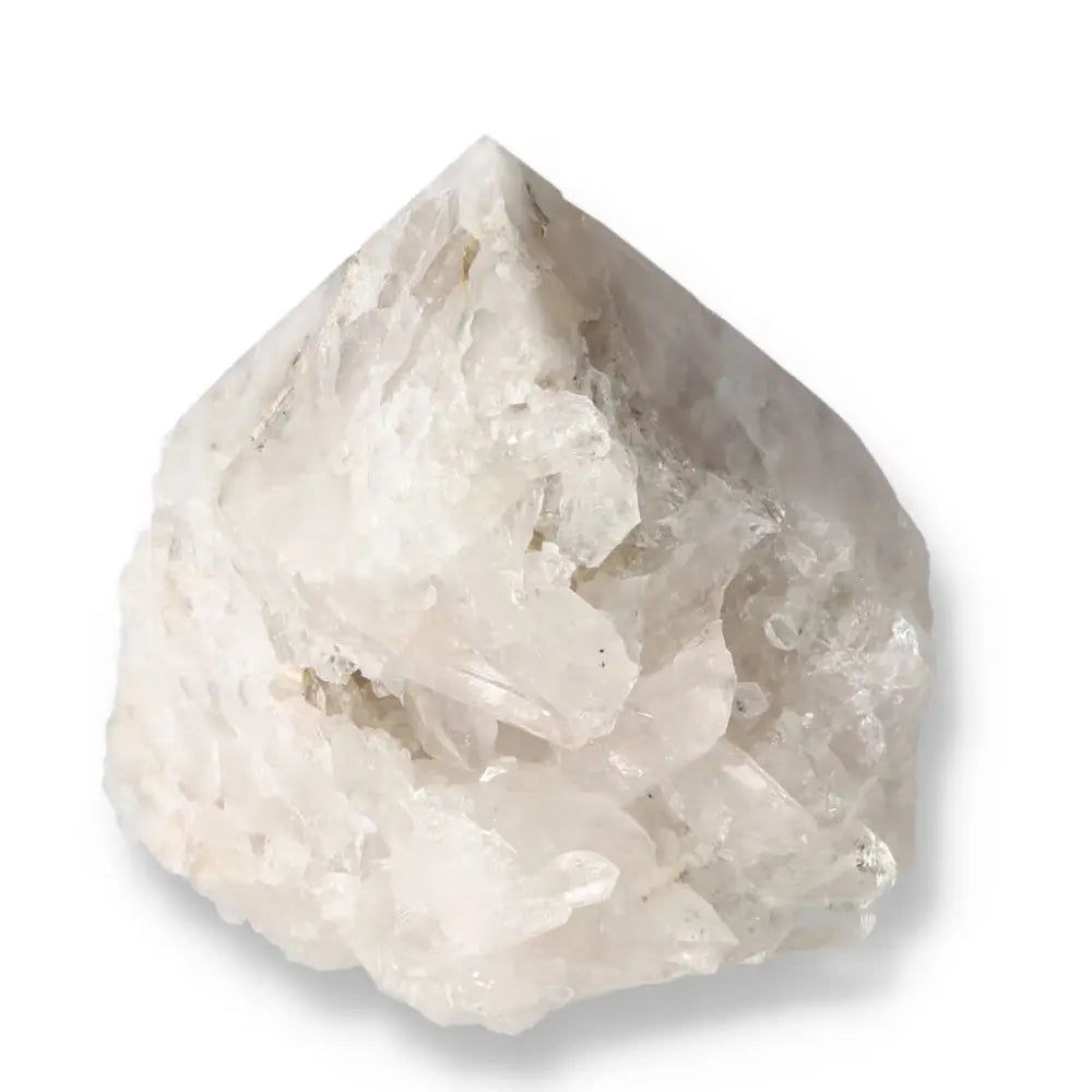 Polished Milky Quartz Point by Sylvia Crystals, known for peace, clarity, and spiritual growth; dispels negative energies.