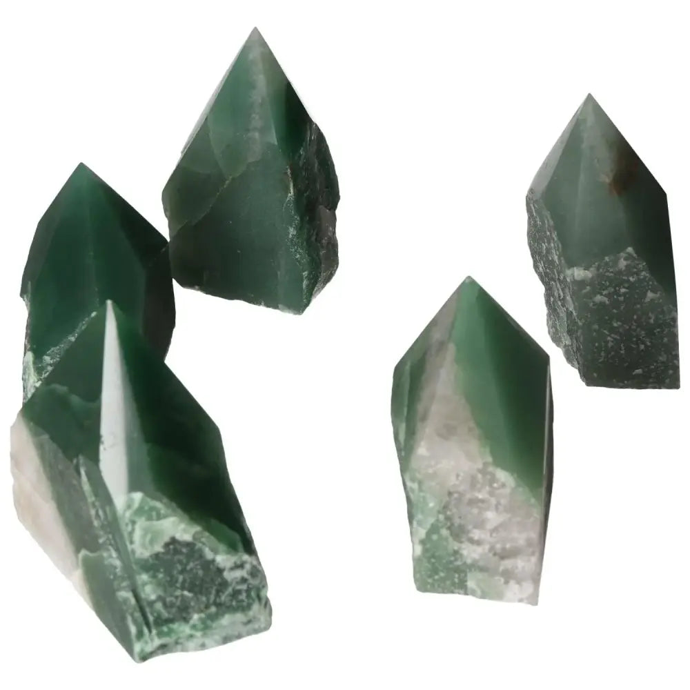 Polished Point Green Quartz Bi-Color L crystals from Sylvia Crystals showcasing vibrant hues and smooth finish for healing properties.