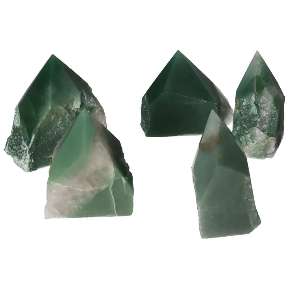 Premium Sylvia Crystals polished bi-color green quartz points, renowned for their healing properties and exquisite beauty