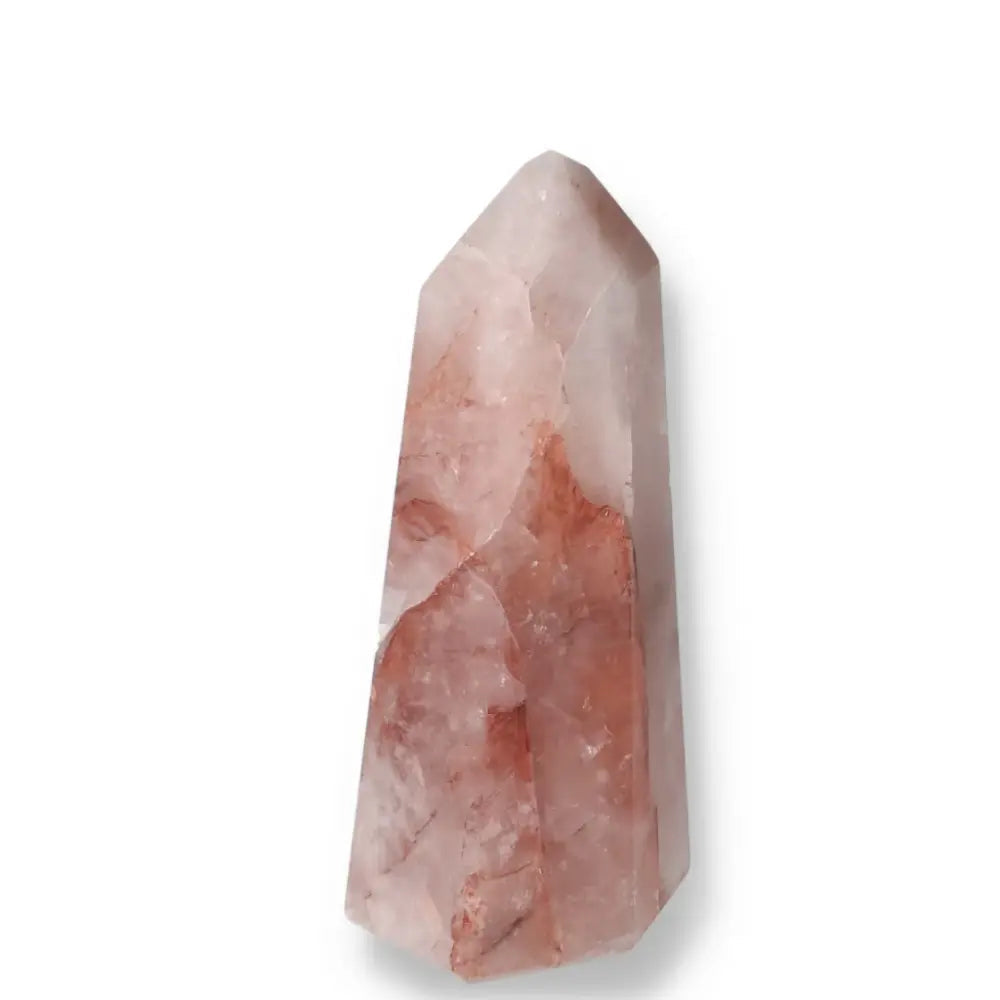 Polished Point Hematoide crystal from Sylvia Crystals, featuring deep red hues and transparent quartz. Perfect for luxury collections.