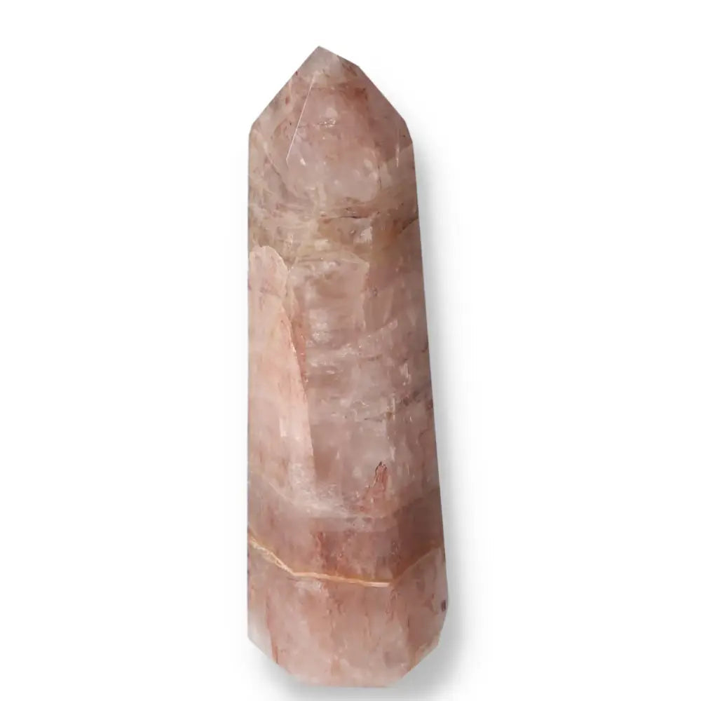 Polished Point Hematoide Crystal from Sylvia Crystals, blending hematite and quartz for grounding properties.