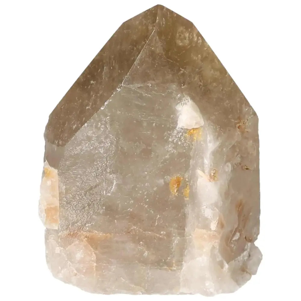 Polished Point Quartz crystal from Sylvia Crystals, ideal for mental clarity and spiritual harmony, featuring grounding Smoky Quartz.
