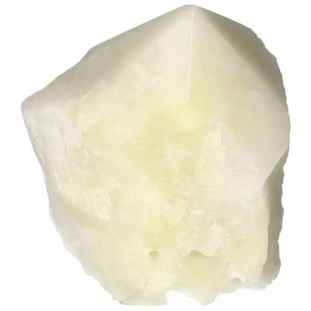 Polished Point Quartz with Sulphur gemstone showcasing vibrant yellow tones and spiritual elegance by Sylvia Crystals.