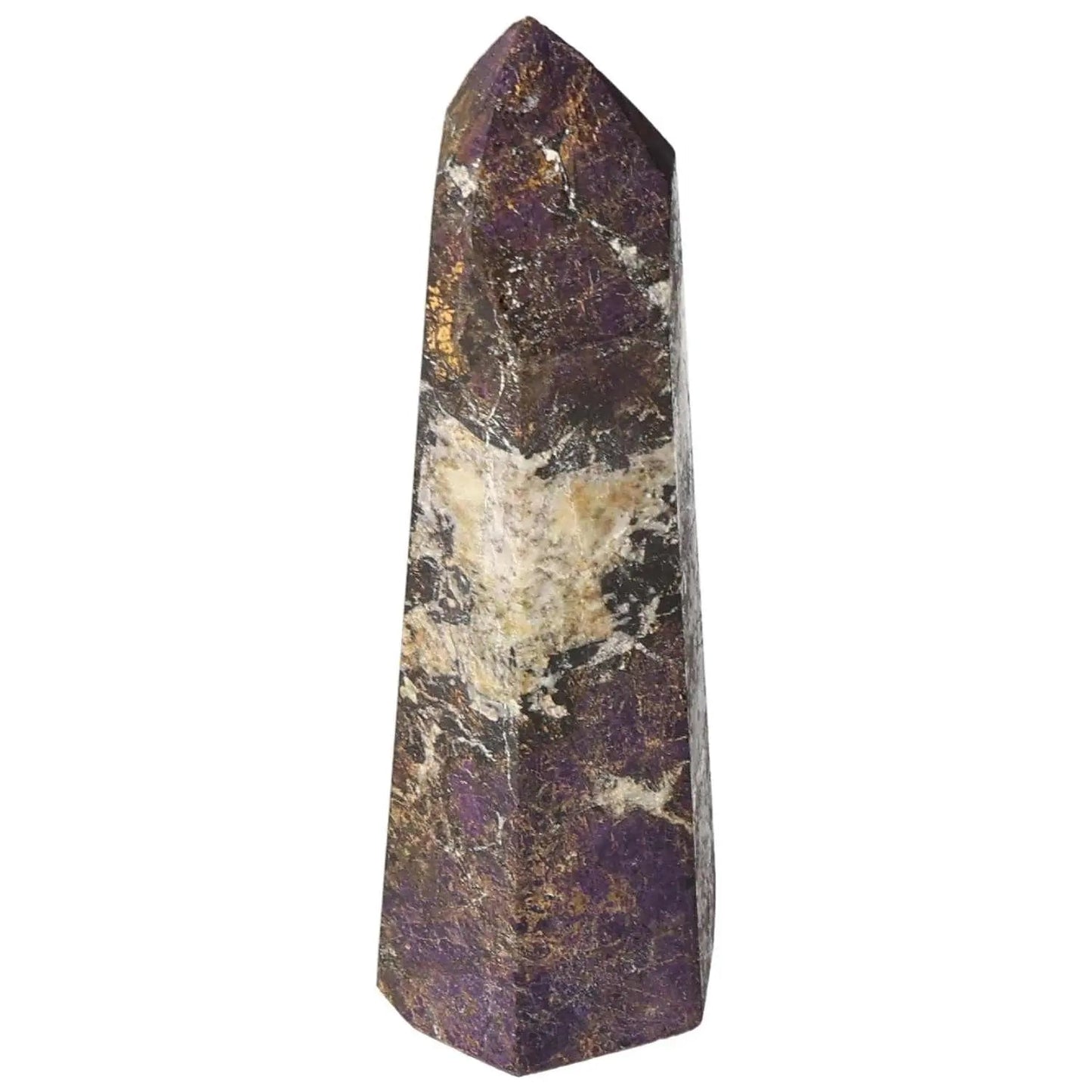 Polished Purpurite Obelisk with rich purple hues from Sylvia Crystals, blending spirituality with modern design elegance.