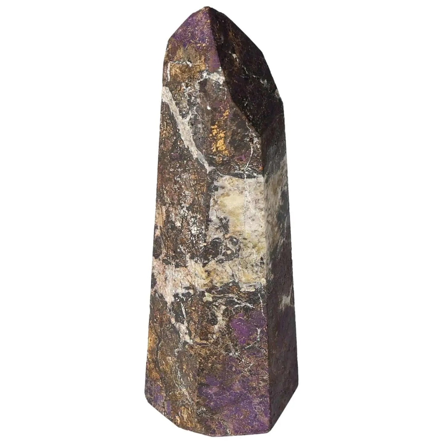 Polished Purpurite Obelisk showcasing vibrant purple and earthy hues, a luxurious piece from Sylvia Crystals blending spirituality and design.