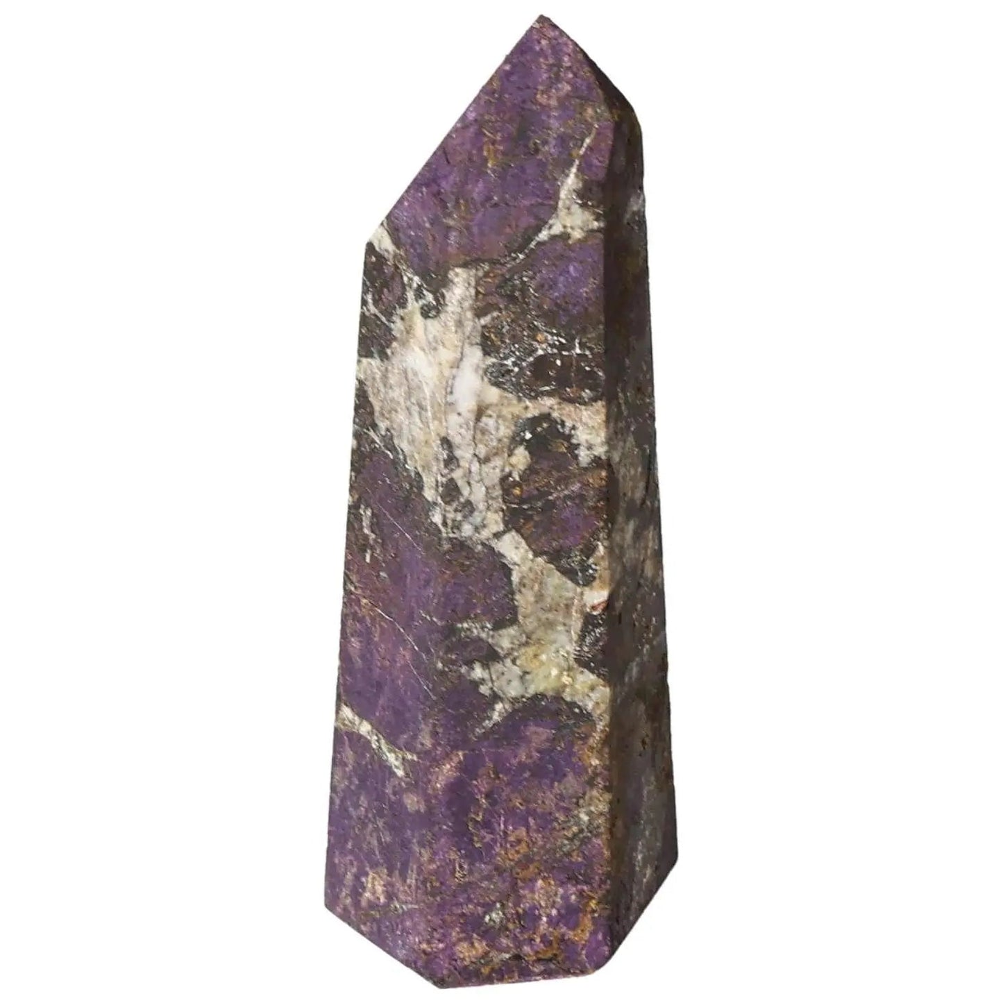 Polished Purpurite Obelisk from Sylvia Crystals featuring vibrant purple hues and luxurious natural design elements.