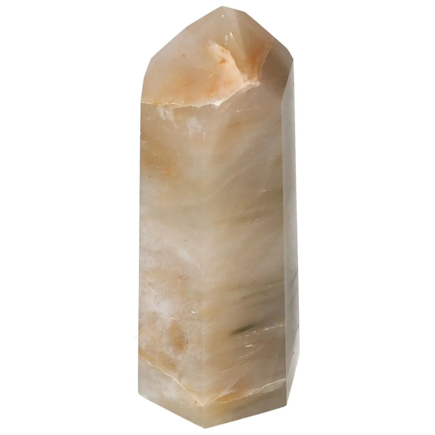 Polished Quartz Tangerine Obelisk from Sylvia Crystals, showcasing vibrant tangerine hues for aesthetics and spiritual benefits.