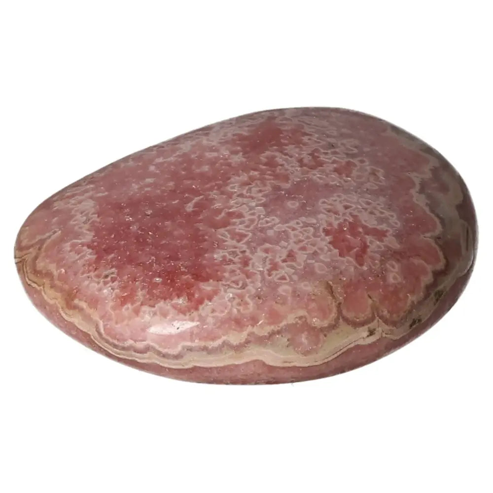 Polished Rhodochrosite gemstone with pink hues and banding, known as the Stone of Love & Compassion, from Sylvia Crystals.